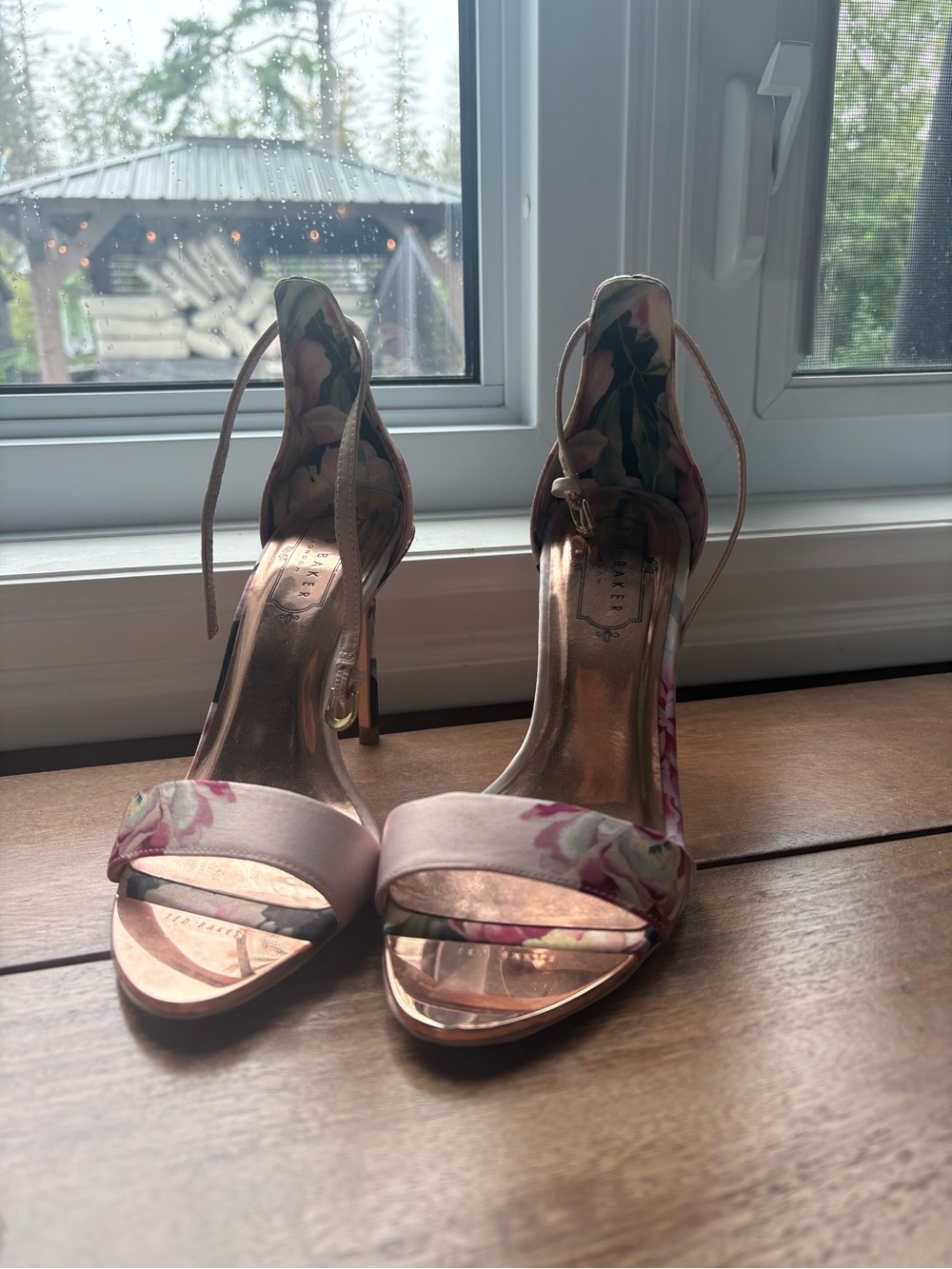 Ted Baker Pink Floral Ankle-Tie Stiletto Sandals - read description